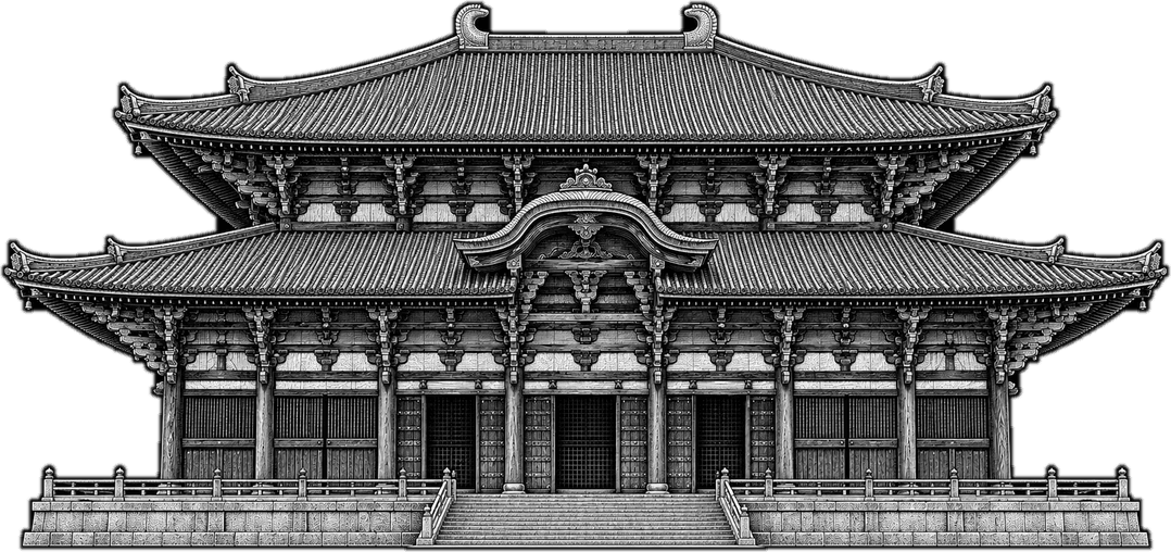 A Japanese temple hall at night, drawn as an engraving